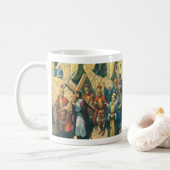 Jesus Christ Carrying the Cross to his Crucifixion Coffee Mug (With Donut)