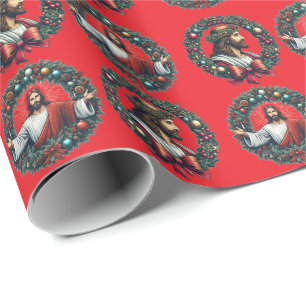 Jesus Christ Christmas Wreath Wrapping Paper