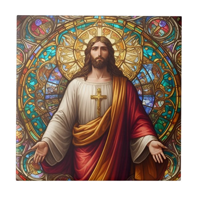 Jesus Christ Colourful Stained Glass Tile (Front)