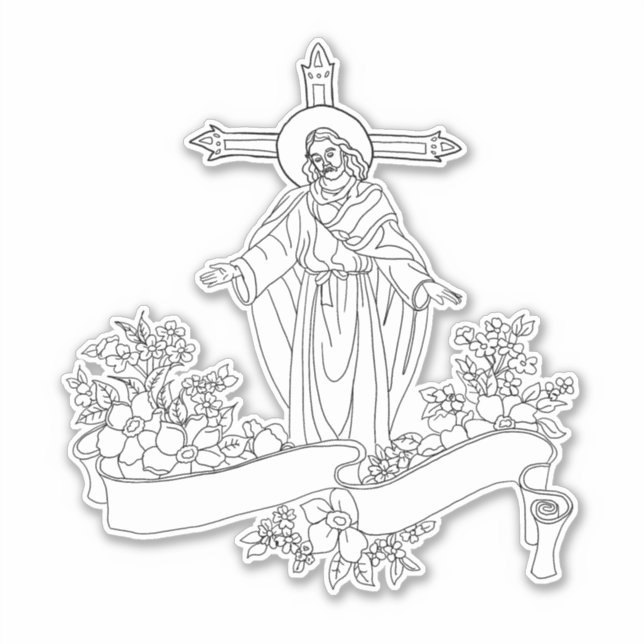 jesus Christ flowers scroll art colouring page  (Front)