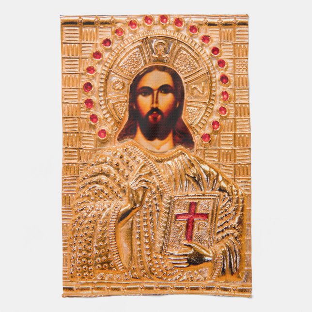 Jesus christ golden icon kitchen towel (Vertical)