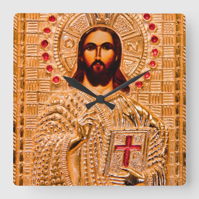 Jesus christ golden icon square wall clock (Front)