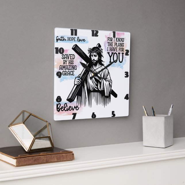 Jesus Christ Holding A Cross Square Wall Clock (Office)