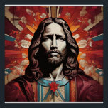 Jesus Christ In Pop Art and Art Deco Poster<br><div class="desc">This stunning portrait of Jesus seamlessly blends Art Deco and Pop Art elements, featuring a rich dark wine red palette that exudes both grace and majesty. The robust silhouette of Jesus is accentuated by bold ink lines, conveying strength and serenity, while intricate Art Deco details add a touch of classical...</div>