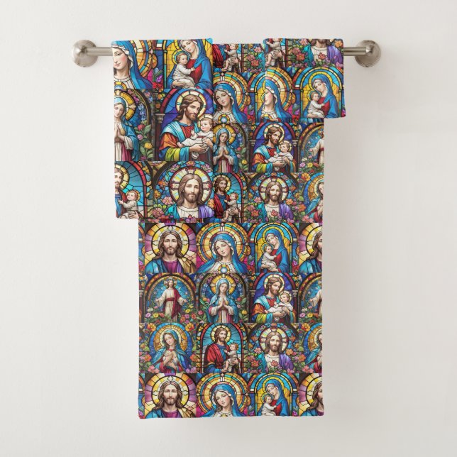 Jesus Christ Mary & Joseph Christian Stained Glass Bath Towel Set (Insitu)