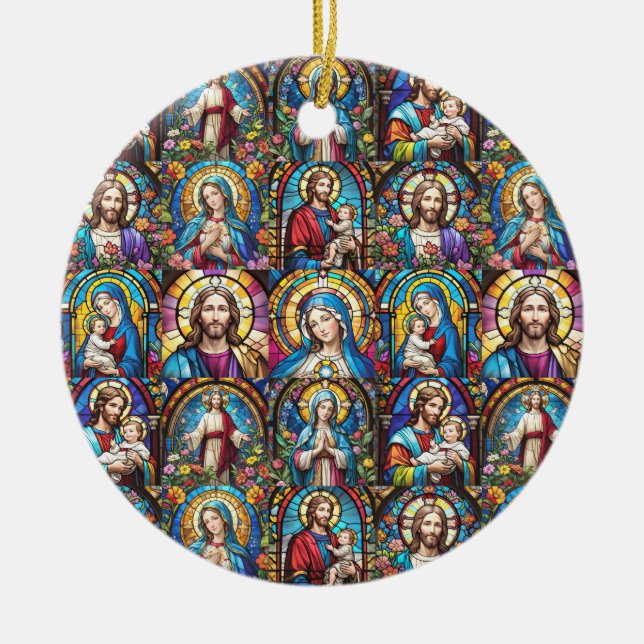 Jesus Christ Mary & Joseph Christian Stained Glass Ceramic Ornament (Front)