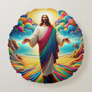 Jesus Christ overlooking a beautiful colourful sky Round Pillow
