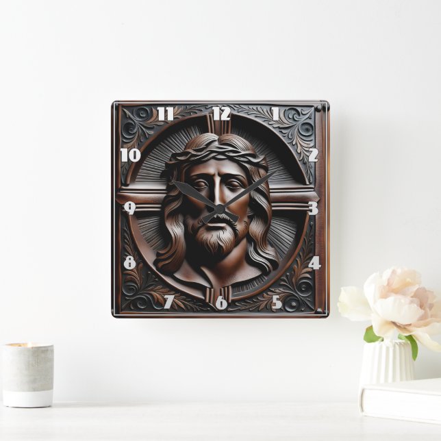 Jesus Christ Relief Art With Crown of Thorns Square Wall Clock (Home)