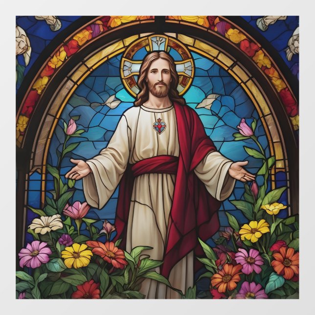 Jesus Christ Sacred Heart Faux Stained Glass Window Cling (Sheet)