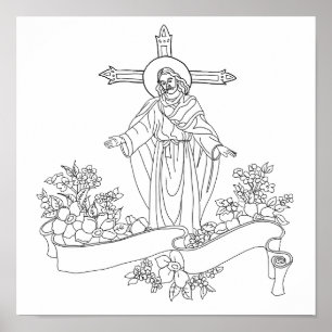 jesus Christ scroll and flowers art coloring page  Poster