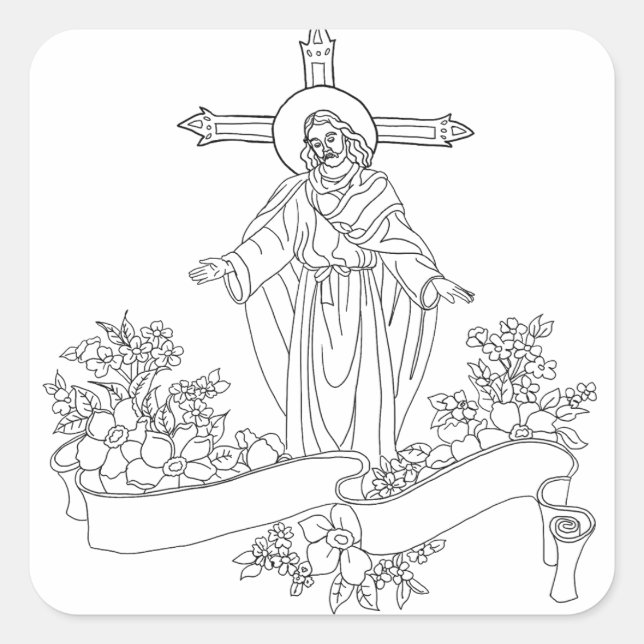 jesus Christ scroll and flowers art colouring page Square Sticker (Front)