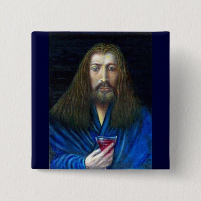 JESUS CHRIST, THE CHALICE IN EMMAUS 2 INCH SQUARE BUTTON (Front)