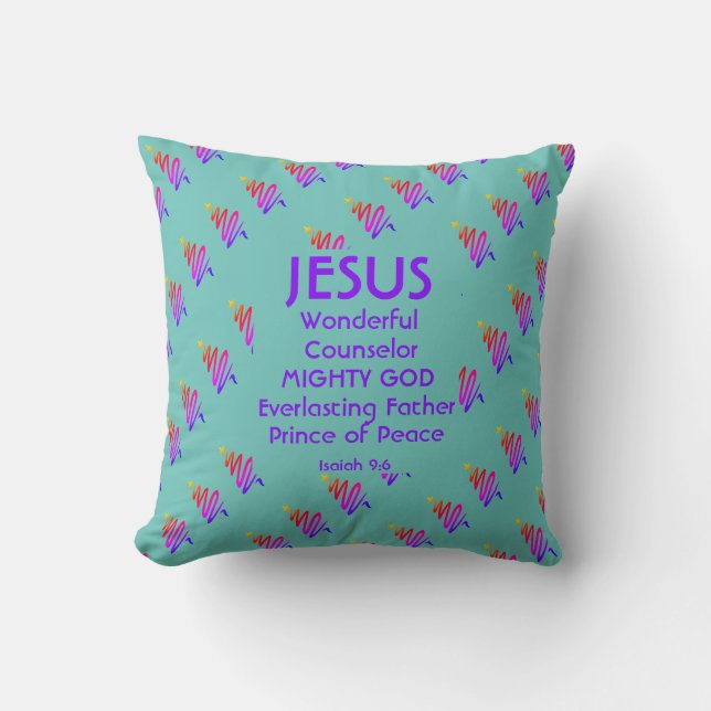 JESUS Christian Scripture Isaiah 9:6 Modern TEAL Throw Pillow (Front)