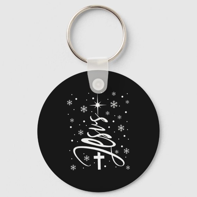 Jesus Christian Xmas Tree Snowflake Holiday Merry  Keychain (Front)