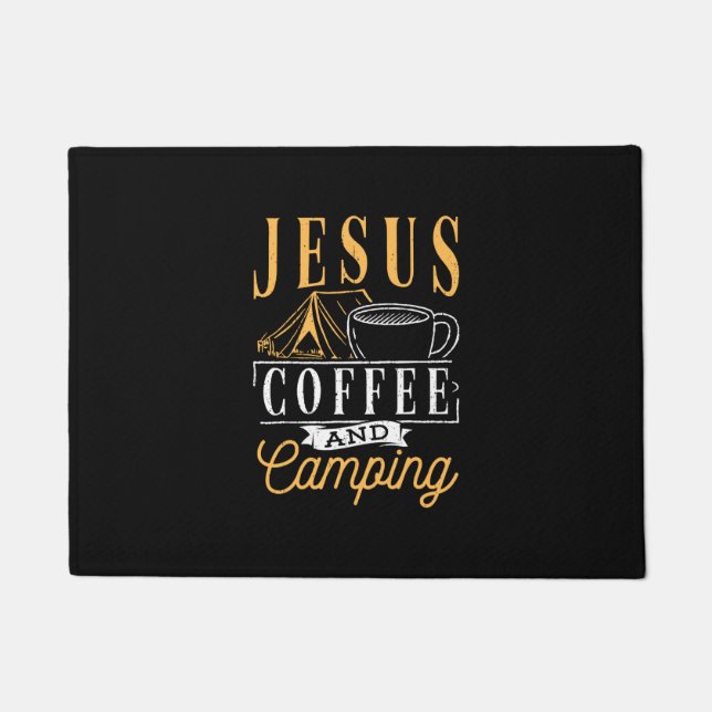 Jesus coffee and camping - Christian camper camp Doormat (Front)