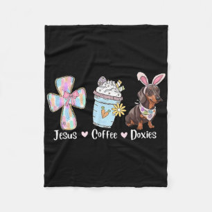 Jesus Coffee And Doxie Bunny Cute Dachshund Easter Fleece Blanket