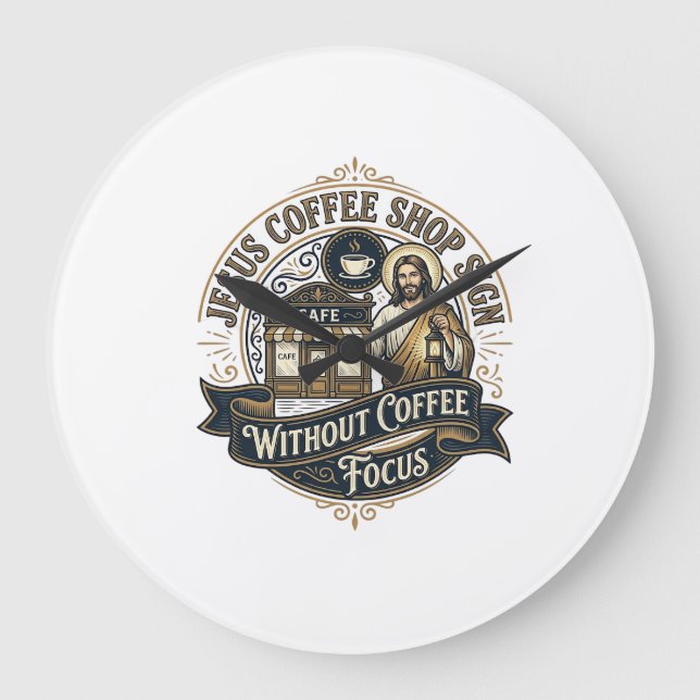 Jesus Coffee Shop Sign Without Coffee Focus Jesus  Large Clock (Front)