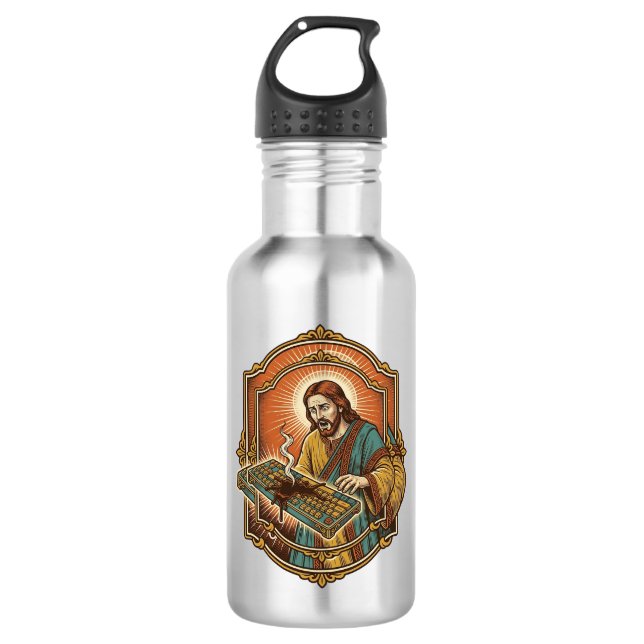 Jesus Coffee Spill Mechanical Keyboard Broken Tech 532 Ml Water Bottle (Front)