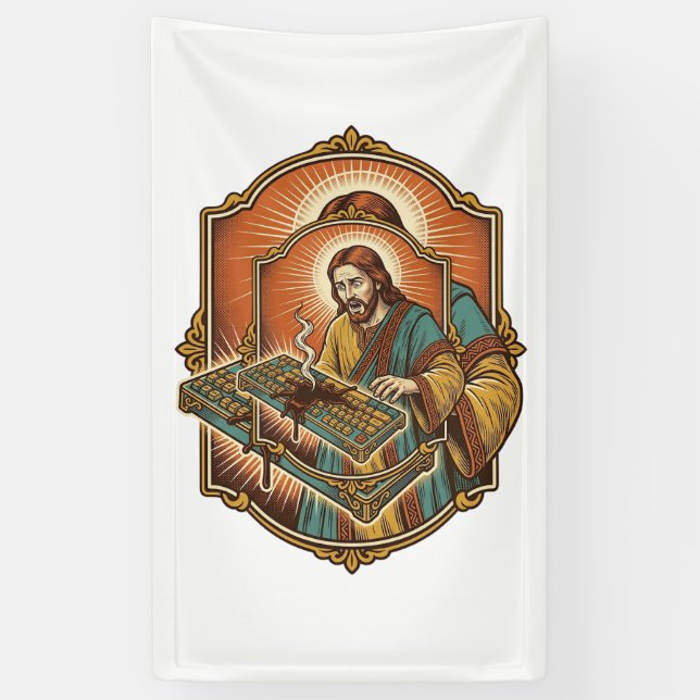 Jesus Coffee Spill Mechanical Keyboard Broken Tech Banner (Vertical)