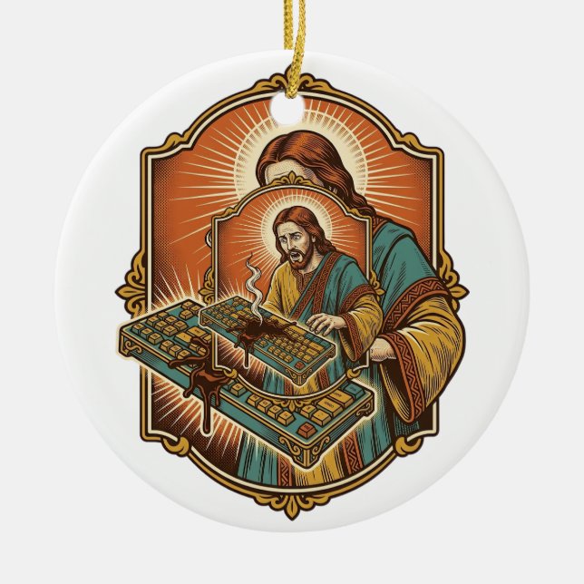 Jesus Coffee Spill Mechanical Keyboard Broken Tech Ceramic Ornament (Front)