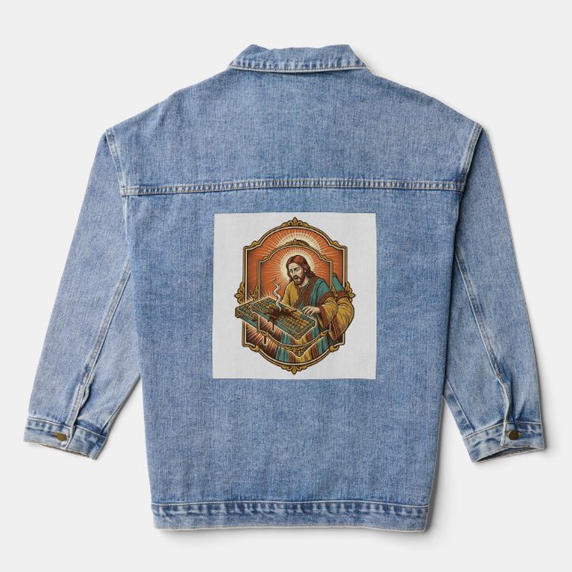 Jesus Coffee Spill Mechanical Keyboard Broken Tech Denim Jacket (Back)