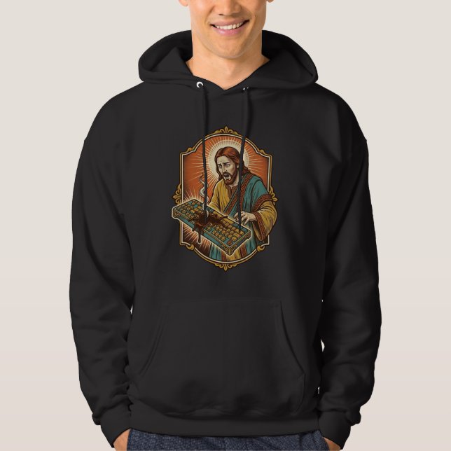 Jesus Coffee Spill Mechanical Keyboard Broken Tech Hoodie (Front)