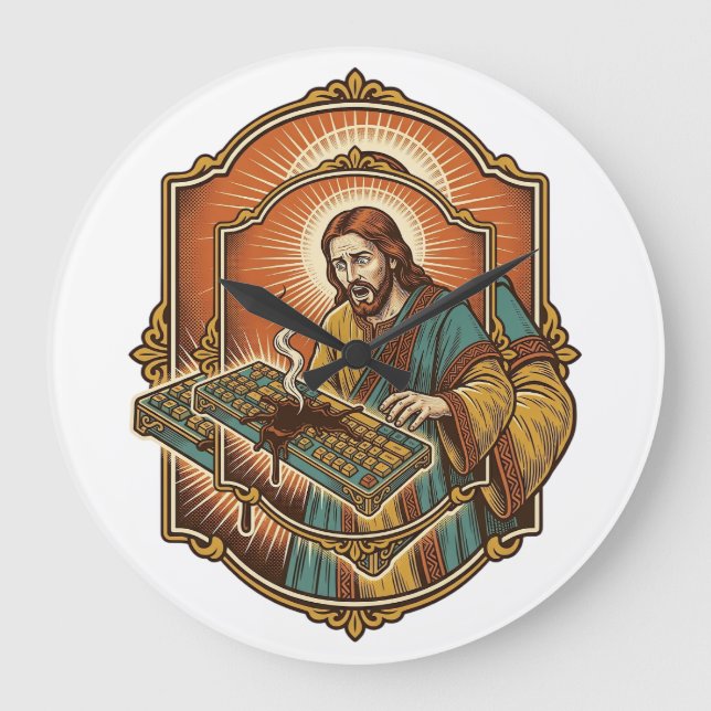 Jesus Coffee Spill Mechanical Keyboard Broken Tech Large Clock (Front)
