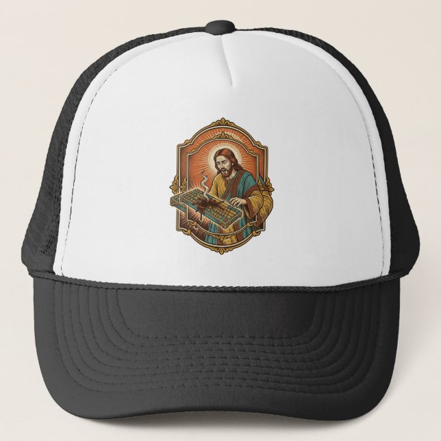 Jesus Coffee Spill Mechanical Keyboard Broken Tech Trucker Hat (Front)