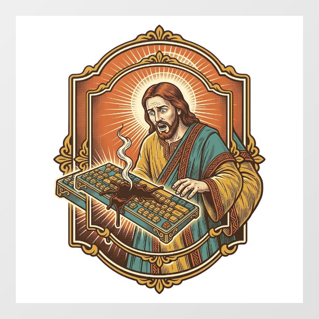 Jesus Coffee Spill Mechanical Keyboard Broken Tech Window Cling (Sheet)