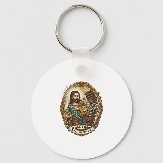 Jesus Crashing Party Jenga Tower Game Fail Humor_1 Keychain (Front)