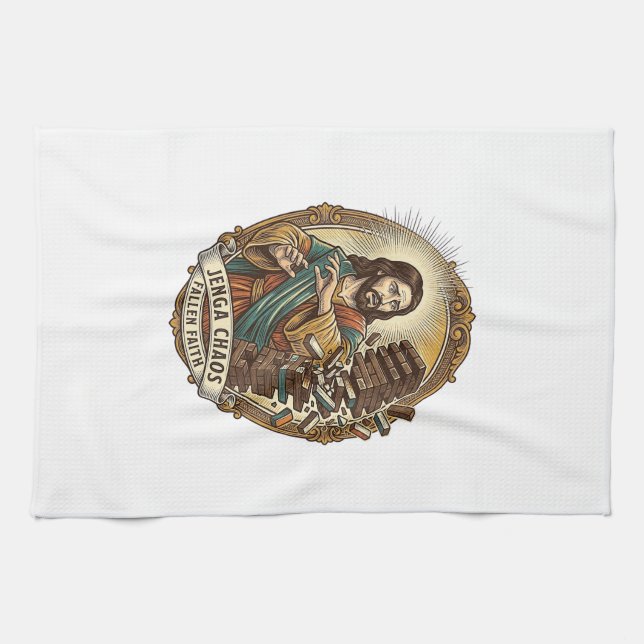 Jesus Crashing Party Jenga Tower Game Fail Humor_1 Kitchen Towel (Horizontal)