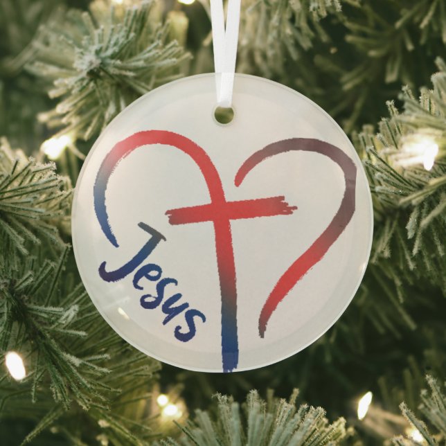 Jesus Cross and Heart Love Symbol Glass Ornament (Insitu)