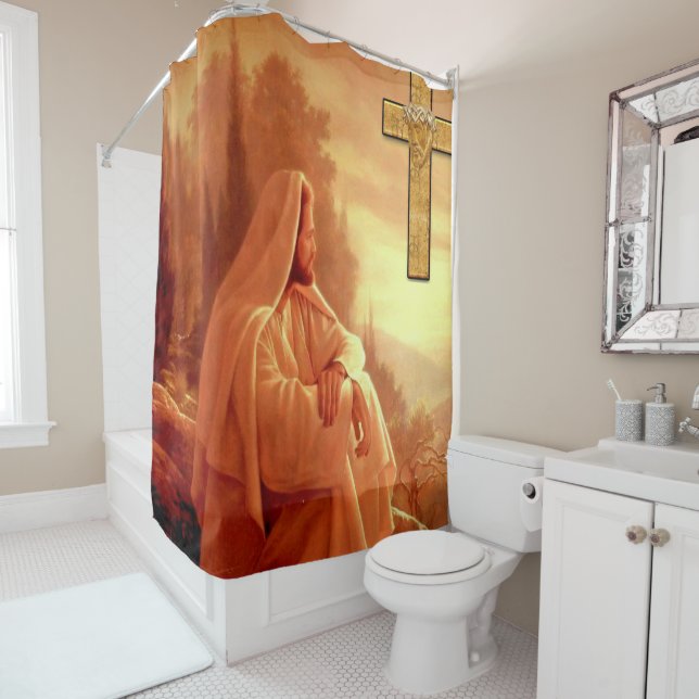 Jesus cross white showercurtain (In Situ)