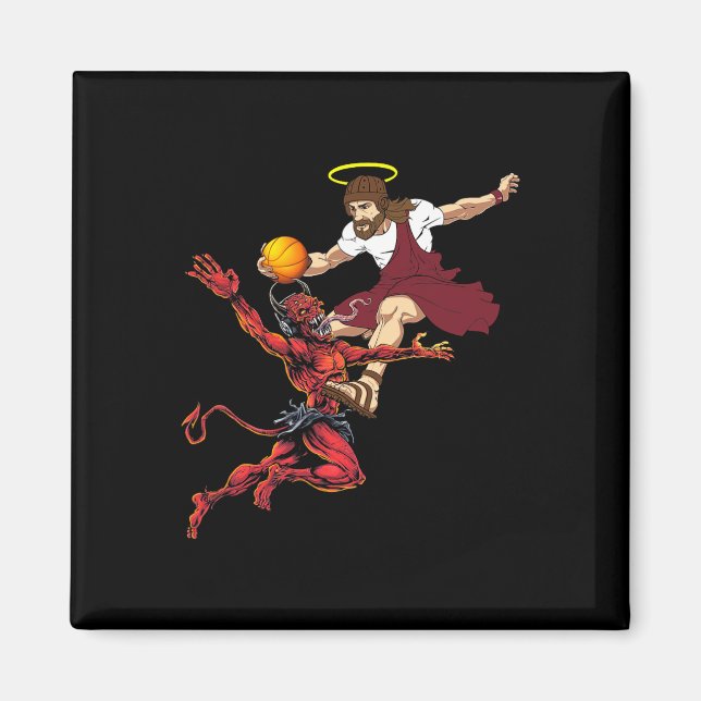 Jesus Crossing Up The Devil Basketball Player Dunk Magnet (Front)