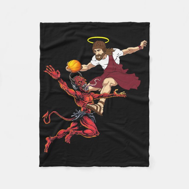 Jesus Crossing Up The Devil Bysketbyll Player Dunk Fleece Blanket (Front)
