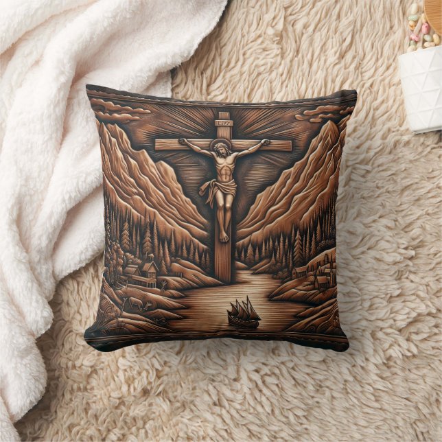 Jesus Crucified Amidst Mountains and River Throw Pillow (Blanket)