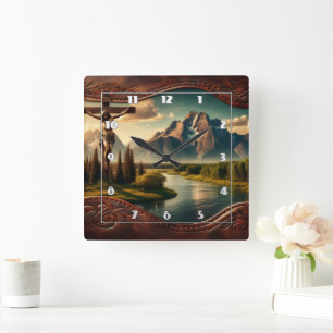 Jesus Crucified In Front of Majestic Mountains Square Wall Clock