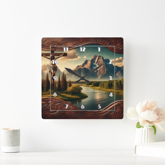 Jesus Crucified In Front of Majestic Mountains Square Wall Clock (Home)