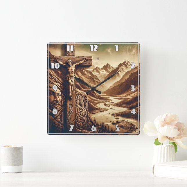 Jesus Crucified in Mountain Landscape Square Wall Clock (Home)