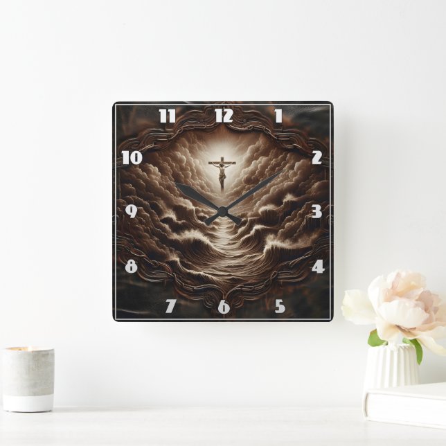 Jesus Crucifixion Over Stormy Ocean Waves Square Wall Clock (Home)