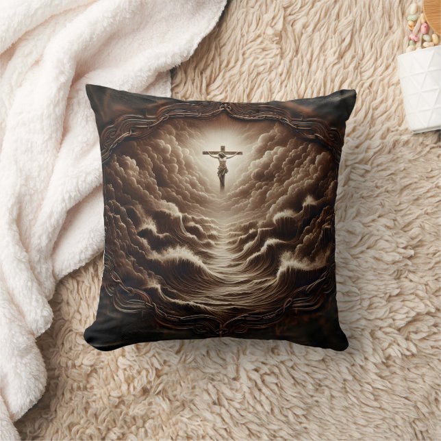 Jesus Crucifixion Over Stormy Ocean Waves Throw Pillow (Blanket)