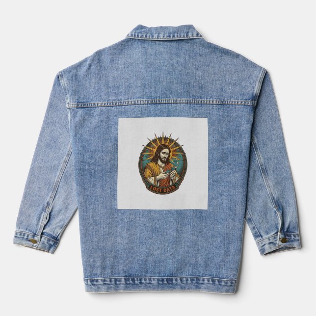 Jesus Crushed USB Flash Drive Lost Data Humor_1 Denim Jacket (Back)