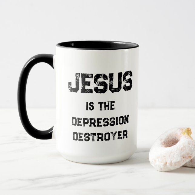 Jesus Depression Destroyer Life Christian Mug (With Donut)