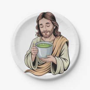 Jesus Drinking Matcha Drink Christian Paper Plate