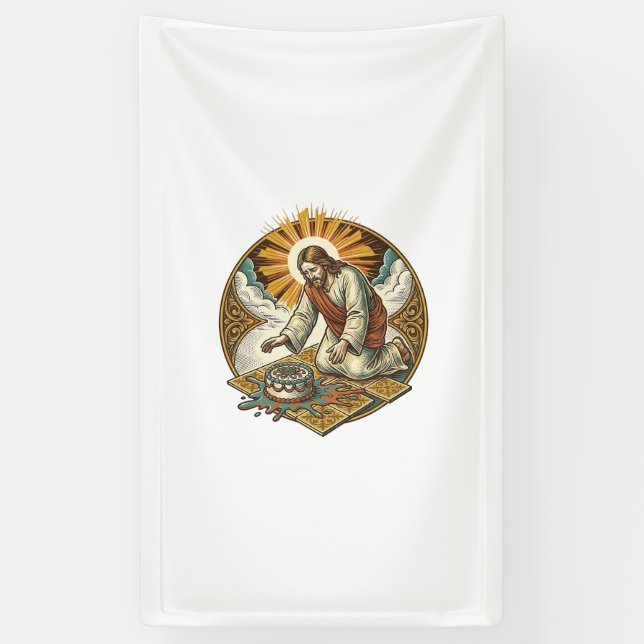 Jesus Dropped Birthday Cake Face Down Kitchen Floo Banner (Vertical)