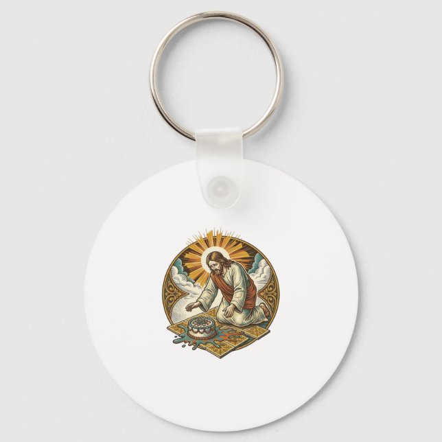 Jesus Dropped Birthday Cake Face Down Kitchen Floo Keychain (Front)