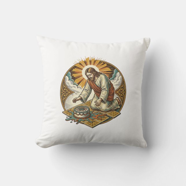 Jesus Dropped Birthday Cake Face Down Kitchen Floo Throw Pillow (Front)