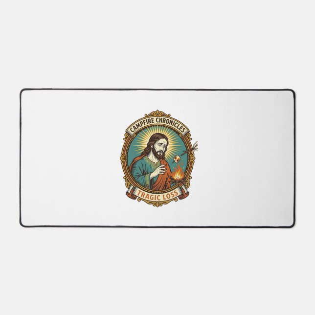 Jesus Dropped Marshmallow Campfire Party Fail Humo Desk Mat (Front)