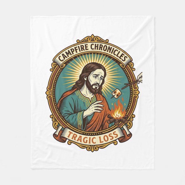 Jesus Dropped Marshmallow Campfire Party Fail Humo Fleece Blanket (Front)