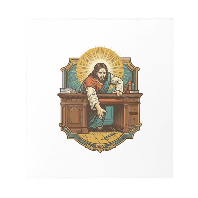 Jesus Dropped Pen Behind Heavy Desk Clumsy Humor_1 Notepad (Front)